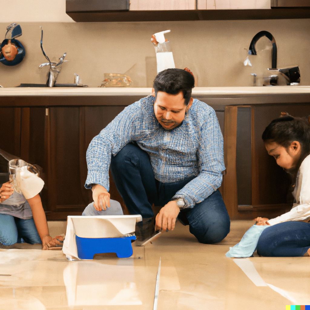 Padre organizando con sus hijos las tarea del hogar