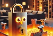 Seguridad en el hogar: descubre cómo proteger a tu familia seguridad en el hogar - Una fortaleza en miniatura se alza en una sala de estar rodeada por un foso de luces LED que simulan ser lava Cámaras de seguridad con ojos vigilantes se posan como búhos