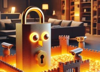 Seguridad en el hogar: descubre cómo proteger a tu familia seguridad en el hogar - Una fortaleza en miniatura se alza en una sala de estar rodeada por un foso de luces LED que simulan ser lava Cámaras de seguridad con ojos vigilantes se posan como búhos