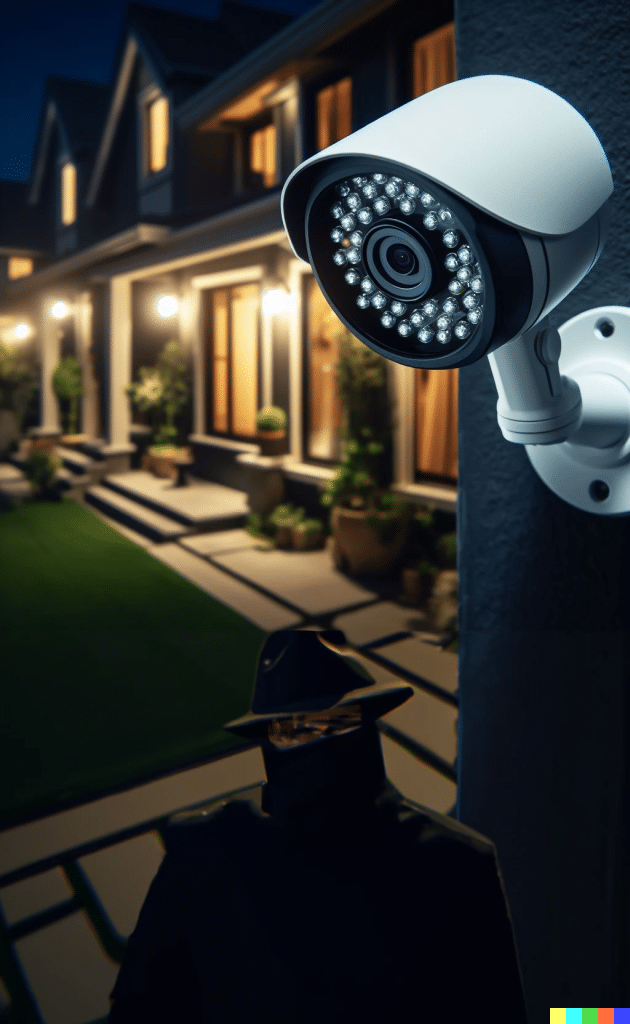Una cámara de seguridad inteligente montada en la fachada de una casa suburbana vigila la calle y la silueta de un ladrón acechando