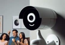 Cámaras de seguridad que funcionan con internet: explorando sus ventajas cámaras de seguridad funcionan con internet Una cámara de seguridad con rostro amigable y ojos en forma de lentes de cámara y una familia disfruta de una noche de película