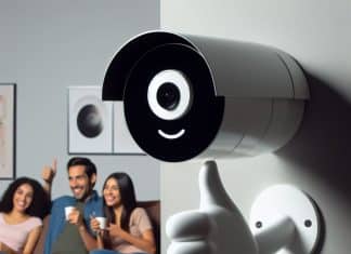 Cámaras de seguridad que funcionan con internet: explorando sus ventajas cámaras de seguridad funcionan con internet Una cámara de seguridad con rostro amigable y ojos en forma de lentes de cámara y una familia disfruta de una noche de película