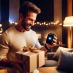 Sorpréndete con estas ideas de regalos para un amigo especial regalo para un amigo - Descubre la emoción de recibir un regalo perfecto Un hombre absorbe la felicidad de desempacar un dispositivo tecnológico de última generación