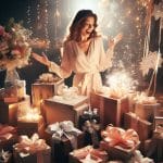 Regalos que sorprenden a una mujer: el obsequio perfecto para ella regalos que sorprenden a una mujer Sorpresas inolvidables una mujer emocionada encuentra el regalo perfecto en un deslumbrante despliegue de cajas envueltas en seda y lazos brillantes