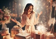 Regalos que sorprenden a una mujer: el obsequio perfecto para ella regalos que sorprenden a una mujer Sorpresas inolvidables una mujer emocionada encuentra el regalo perfecto en un deslumbrante despliegue de cajas envueltas en seda y lazos brillantes