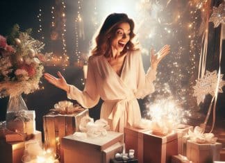 Regalos que sorprenden a una mujer: el obsequio perfecto para ella regalos que sorprenden a una mujer Sorpresas inolvidables una mujer emocionada encuentra el regalo perfecto en un deslumbrante despliegue de cajas envueltas en seda y lazos brillantes