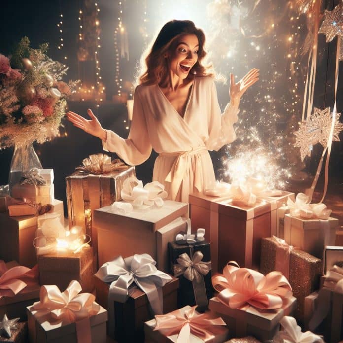 regalos que sorprenden a una mujer Sorpresas inolvidables una mujer emocionada encuentra el regalo perfecto en un deslumbrante despliegue de cajas envueltas en seda y lazos brillantes