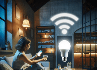 Compra la Bombilla LED inteligente Wifi con integración doméstica, control de brillo y temperatura, eficiencia energética y más. ¡Mejora tu hogar con comodidad y seguridad! bombilla LED inteligente wifi en un hogar moderno y confortable La bombilla está encendida, brilla cálidamente