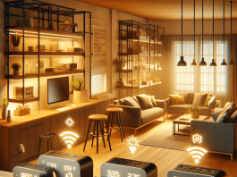 Regleta tira de Alimentación Inteligente Wifi en un hogar moderno controlando diversos electrodomésticos en un ambiente cálido y contemporáneo