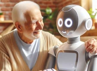 La ayuda para ancianos en casa: el secreto para una vejez plena y satisfactoria ayuda para ancianos en casa un amable robot cuidador de aspecto humanoide sostiene la mano arrugada de un anciano Con una sonrisa cálida y ojos compasivos