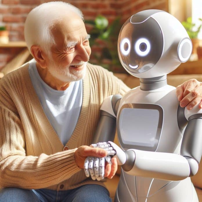 ayuda para ancianos en casa un amable robot cuidador de aspecto humanoide sostiene la mano arrugada de un anciano Con una sonrisa cálida y ojos compasivos