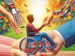 ayudar a personas con discapacidad dos manos amigables y cálidas se entrelazan con cuidado Una mano representada por una silla de ruedas, simboliza a una persona con discapacidad