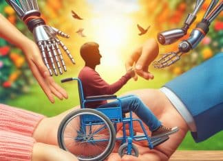 Cómo ser parte del cambio al ayudar a personas con discapacidad ayudar a personas con discapacidad dos manos amigables y cálidas se entrelazan con cuidado Una mano representada por una silla de ruedas, simboliza a una persona con discapacidad