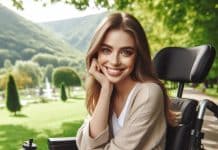 Calidad de vida y discapacidad: Cómo superar los obstáculos y vivir a plenitud calidad de vida y discapacidad una mujer sonriente sentada en una silla de ruedas eléctrica, rodeada de un parque con árboles frondosos y colinas verdes