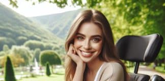 Calidad de vida y discapacidad: Cómo superar los obstáculos y vivir a plenitud calidad de vida y discapacidad una mujer sonriente sentada en una silla de ruedas eléctrica, rodeada de un parque con árboles frondosos y colinas verdes