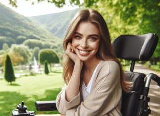 Calidad de vida y discapacidad: Cómo superar los obstáculos y vivir a plenitud calidad de vida y discapacidad una mujer sonriente sentada en una silla de ruedas eléctrica, rodeada de un parque con árboles frondosos y colinas verdes