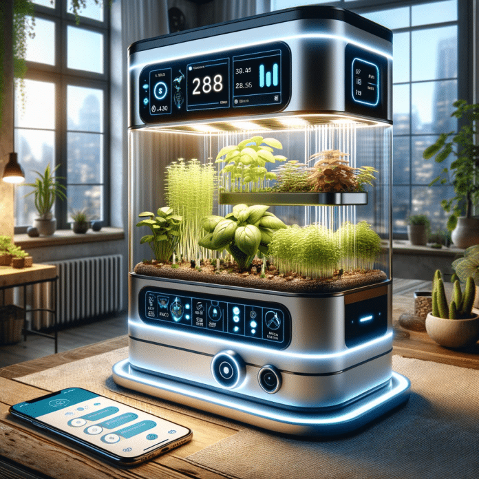 sistema hidropónico inteligente futurista presenta un sistema de crecimiento de plantas sin tierra con luces LED brillantes