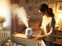 como usar un humidificador para bebés Madre Ajustando Humidificador de Vapor Frío en Habitación Infantil Promoviendo Sueño Saludable con Aceites Esenciales