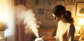 Guía Definitiva: Cómo Usar un Humidificador para Bebés para Mejorar su Salud y Sueño como usar un humidificador para bebés Madre Ajustando Humidificador de Vapor Frío en Habitación Infantil Promoviendo Sueño Saludable con Aceites Esenciales