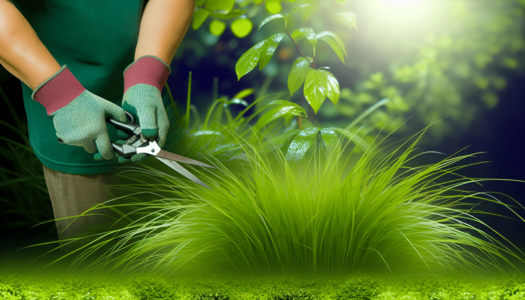 césped chino cuidados mantenimiento Césped chino exuberante la armonía entre la naturaleza y el cuidador en un jardín sereno y bien cuidado