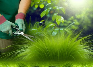 Césped Chino Natural: Variedades, Cuidados y Mantenimiento césped chino cuidados mantenimiento Césped chino exuberante la armonía entre la naturaleza y el cuidador en un jardín sereno y bien cuidado