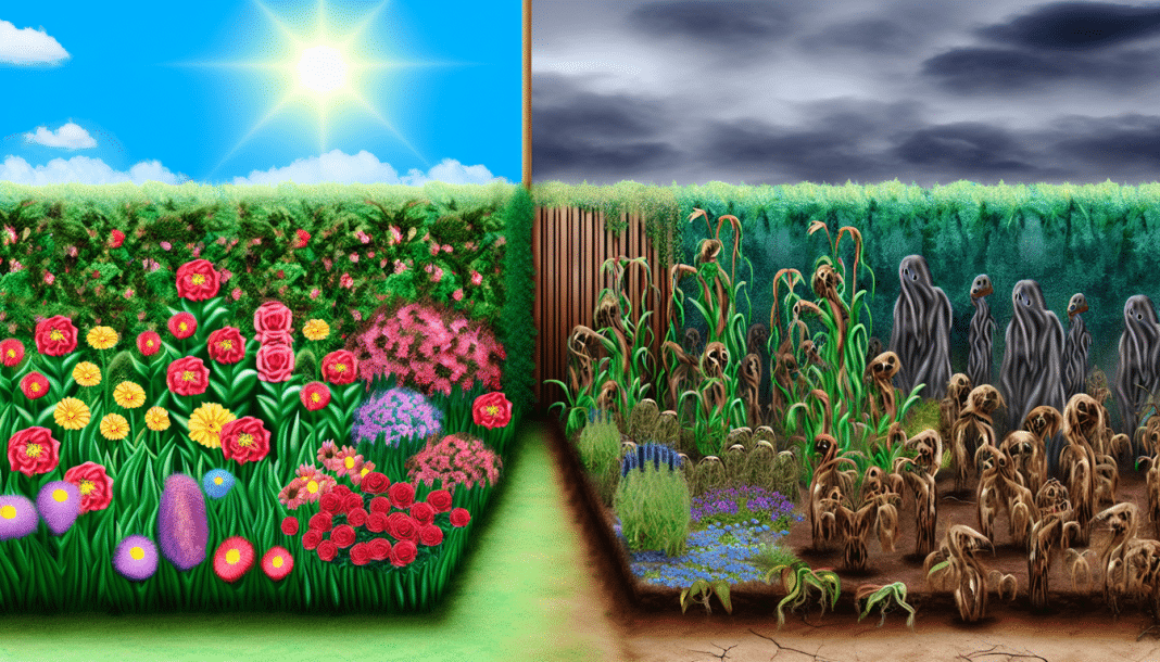 comparación constante de jardines El impactante contraste entre dos jardines la armonía del próspero frente a la tristeza del descuidado