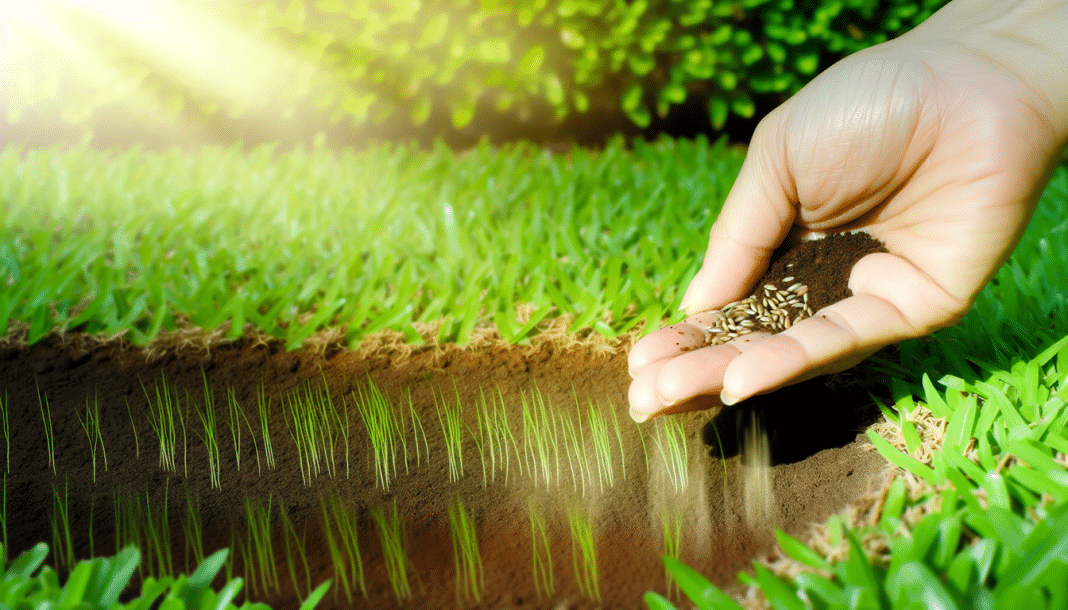 Plantar césped perfecto jardín Descubre cómo plantar un césped perfecto con esta guía completa Observa la magia de sembrar semillas en un jardín soleado y sereno